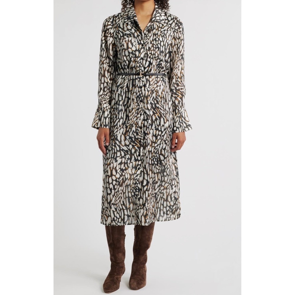 Sam Edelman Printed Shirt Dress Black Brown Abstract Animal Midi Belted NWT 2